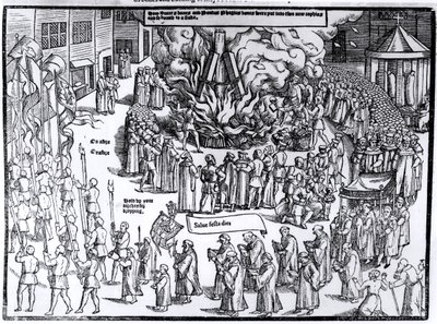 The Burning of the Remains of Martin Bucer (1491-1551) and Paul Fagius (1504-49) on Market Hill i Cambridge i 1557, fra 